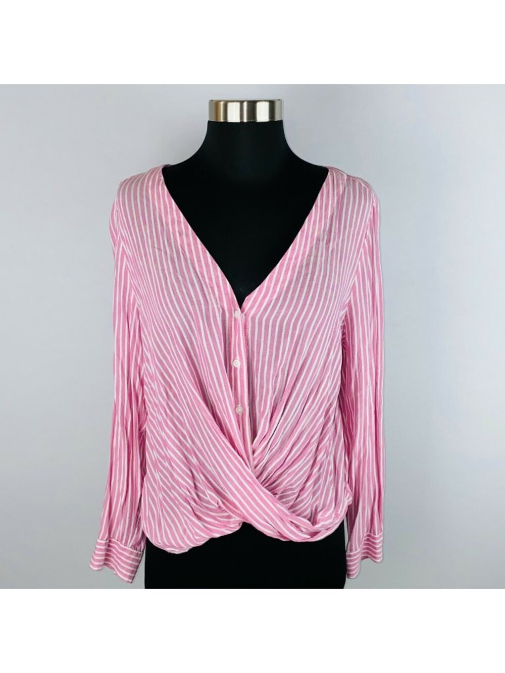A.N.A. Top Womens Stripe Pink White Twist Hem Button Down Casual Pretty Top M